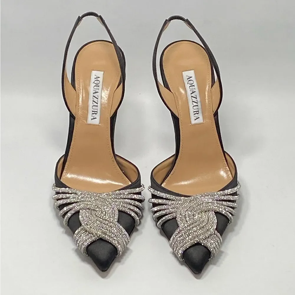 Aquazzura Gatsby Crystal-Embellished Satin Pumps size 37 - Picture 4 of 14
